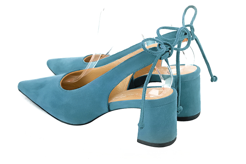 Peacock blue women's slingback shoes. Pointed toe. Medium flare heels. Rear view - Florence KOOIJMAN